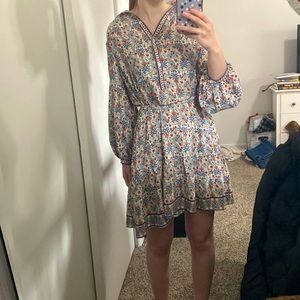 beautiful orange and blue floral midi dress w/ pockets, brand new with tags